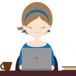 パソコンに向かう青い服の女性のイラスト