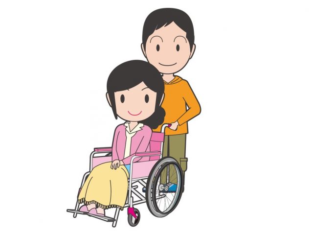 車椅子と仲良し夫婦のイラスト
