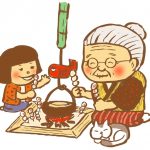 おばあちゃんと孫がいろりで団子を焼くイラスト