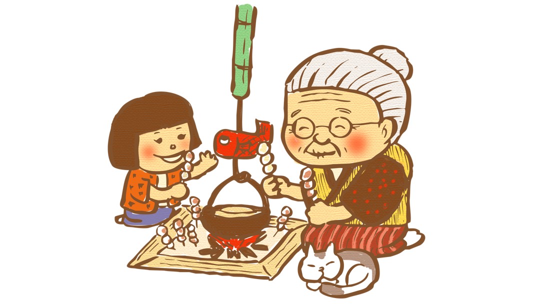 おばあちゃんと孫がいろりで団子を焼くイラスト