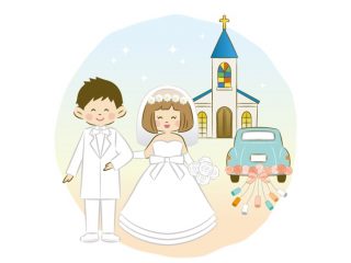 結婚式を挙げる男性と女性と車のイラスト