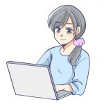パソコンで作業をする水色の服を着た女性のイラスト