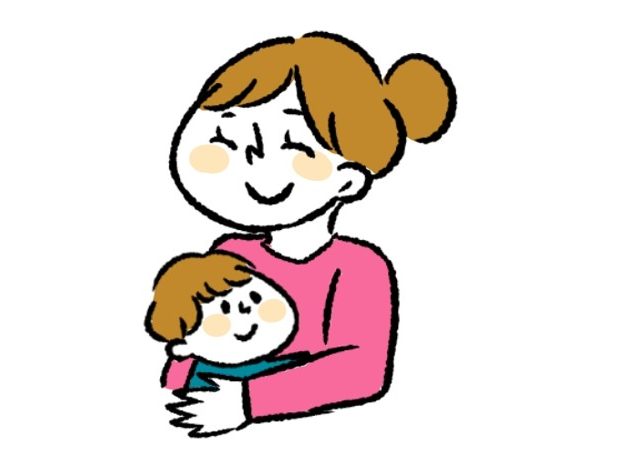 子供を抱っこする笑顔のママのイラスト