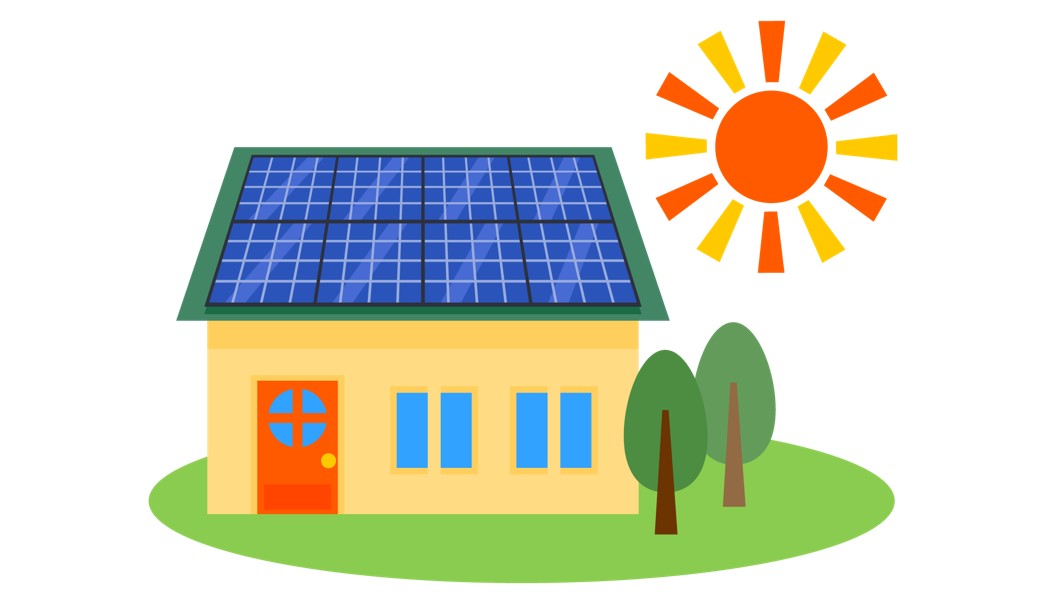 太陽光発電を設置した家と太陽のイラスト